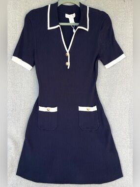 Caroline Constas Knit Ribbed mini dress short sleeve gold buttons size L